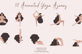 Pack of 10 animated women doing yoga asanas poses on loop. 52269196