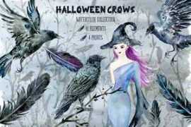 Free Download:Halloween Crows and Witch Watercolor