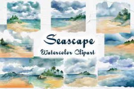 Free Download:Seascape Watercolor Clipart, Beach clipart