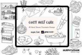 Free Download:Cozy Self Care – 45 Line Art Procreate Stamp Brushes