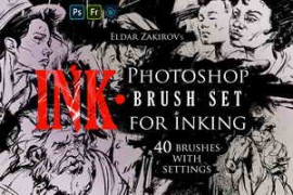 INK. 40 Photoshop Brushes for Inking + Photoshop Action for 100% black.