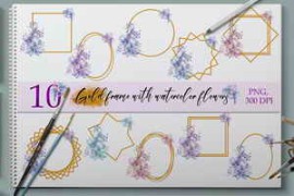 Free Download:Set of gold Frames with watercolor flowers
