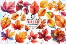 40 Watercolor Fall Leaf Clipart Bundle