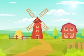 Cartoon Style wind Mill in Farm Animated Landscape 44393763