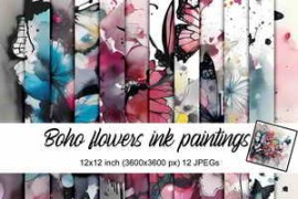 Free Download:Boho Flowers Ink Paintings – 12 Digital Images